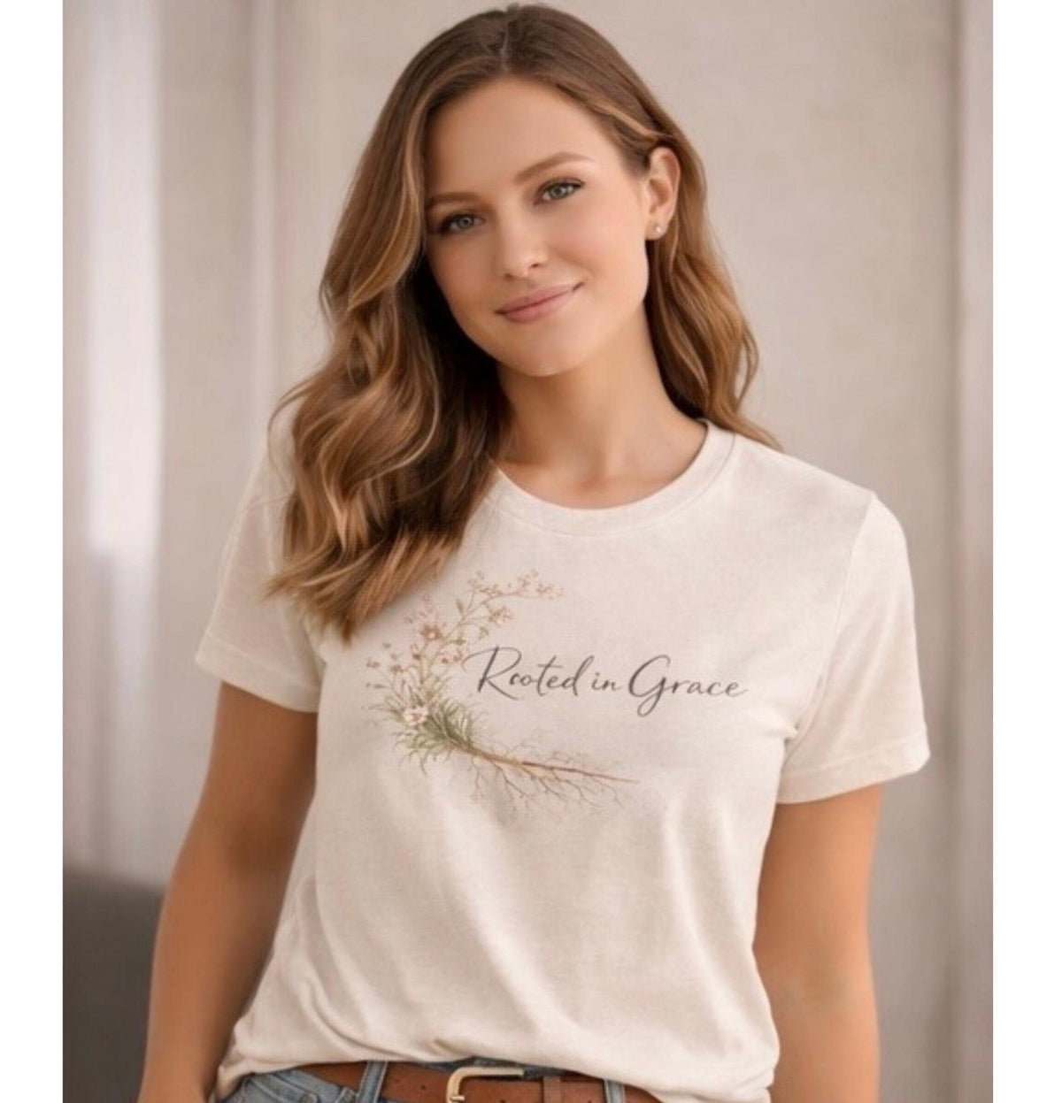 Rooted in Grace Tee, 2 Corinthians 12:9 Minimalist Christian Shirt for Women